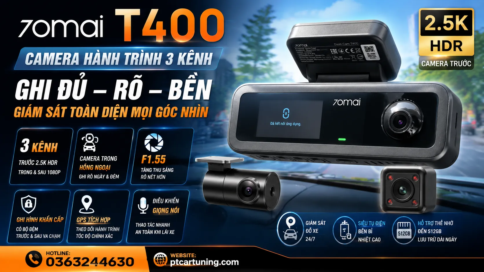 70mai T400 – Camera hành trình 3 kênh giám sát toàn diện, an tâm trên mọi hành trình